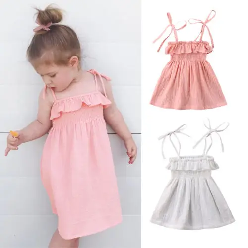 

2018 New Pink&Gray Summer Beach Dress Kids Baby Girls Strappy Ruffles Dress Princess Children Party Wedding Tutu Dresses 6M-4T