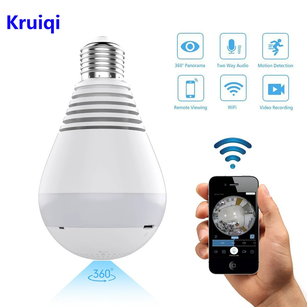  Kruiqi Wifi IP Camera 1080P Bulb led Light 360 degree Wi-fi Fish-eye CCTV Camera 2MP Home Security  - 32840473162