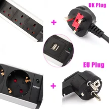 Enchufe europeo y británico con 3 enchufes, toma de corriente negra, sin/con 2 cargadores USB, para hogar, oficina, escritorio, cocina, tira retráctil