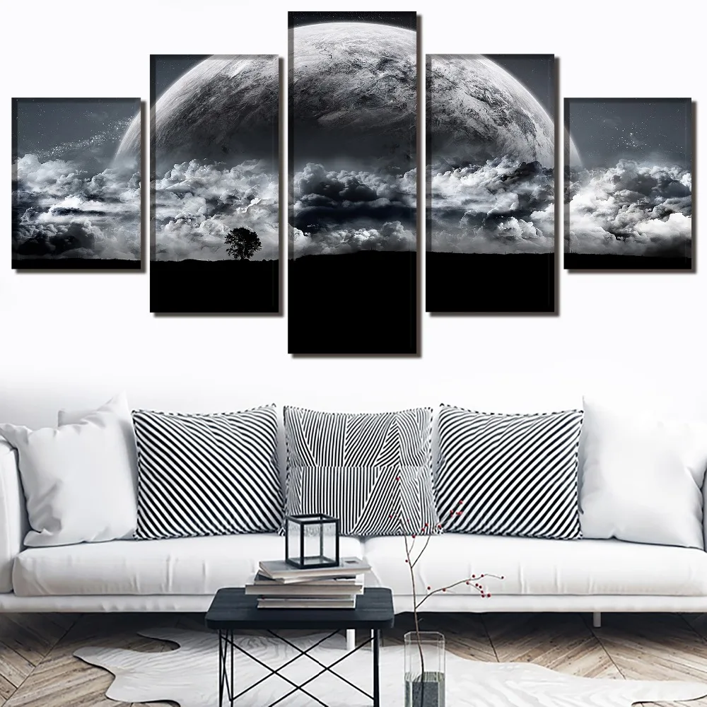 

Modular Canvas Printed Living Room Decor 5 Pieces Landscape Moon Planet Rise Sci Fi Sky Painting Wall Art Picture Framework