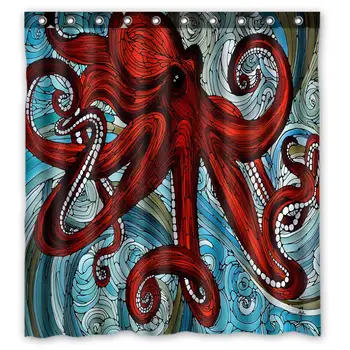 

Custom Red Octopus Oil Painting Shower Curtain With Hooks Bathroom Decor Polyester Fabric