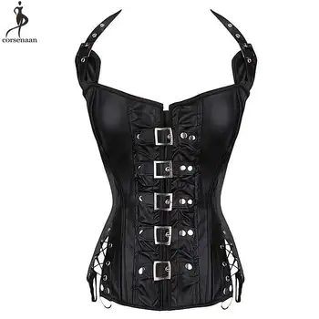 

Halterneck Corset Faux Leather Corsets Gothic Overbust Bustier Boned Gorset Steam Punk Korse Halter Neck Black Women Korset Top