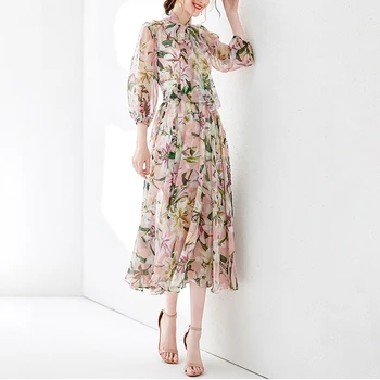 

Autumn European Runway Dress Women Elegant Pink Bow Long Sleeve Printed Chiffon Long Dress Bohemian vestidos de fiesta