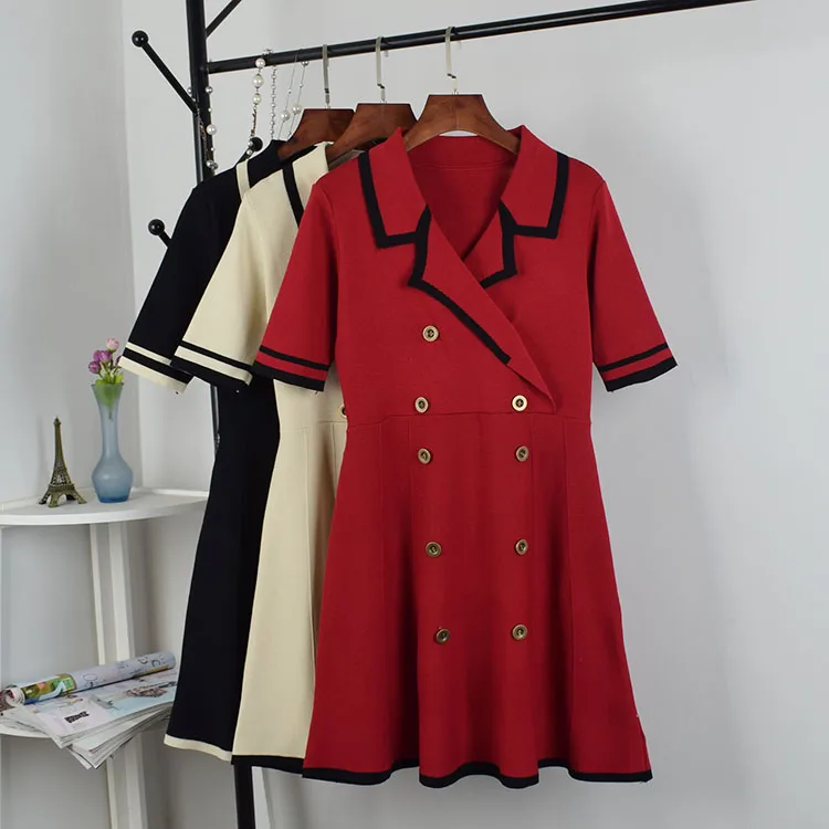 

2019 Women Double-breasted Knit Dress Female Woman short sleeve Sweater Dresses