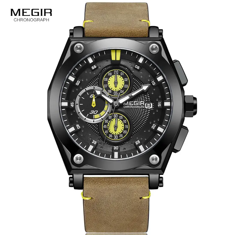 

Megir Men's Brown Leather Strap Quartz Watches Chronograph Sports Wristwatch for Man 3 ATM Waterproof Army Clock 2098 Black