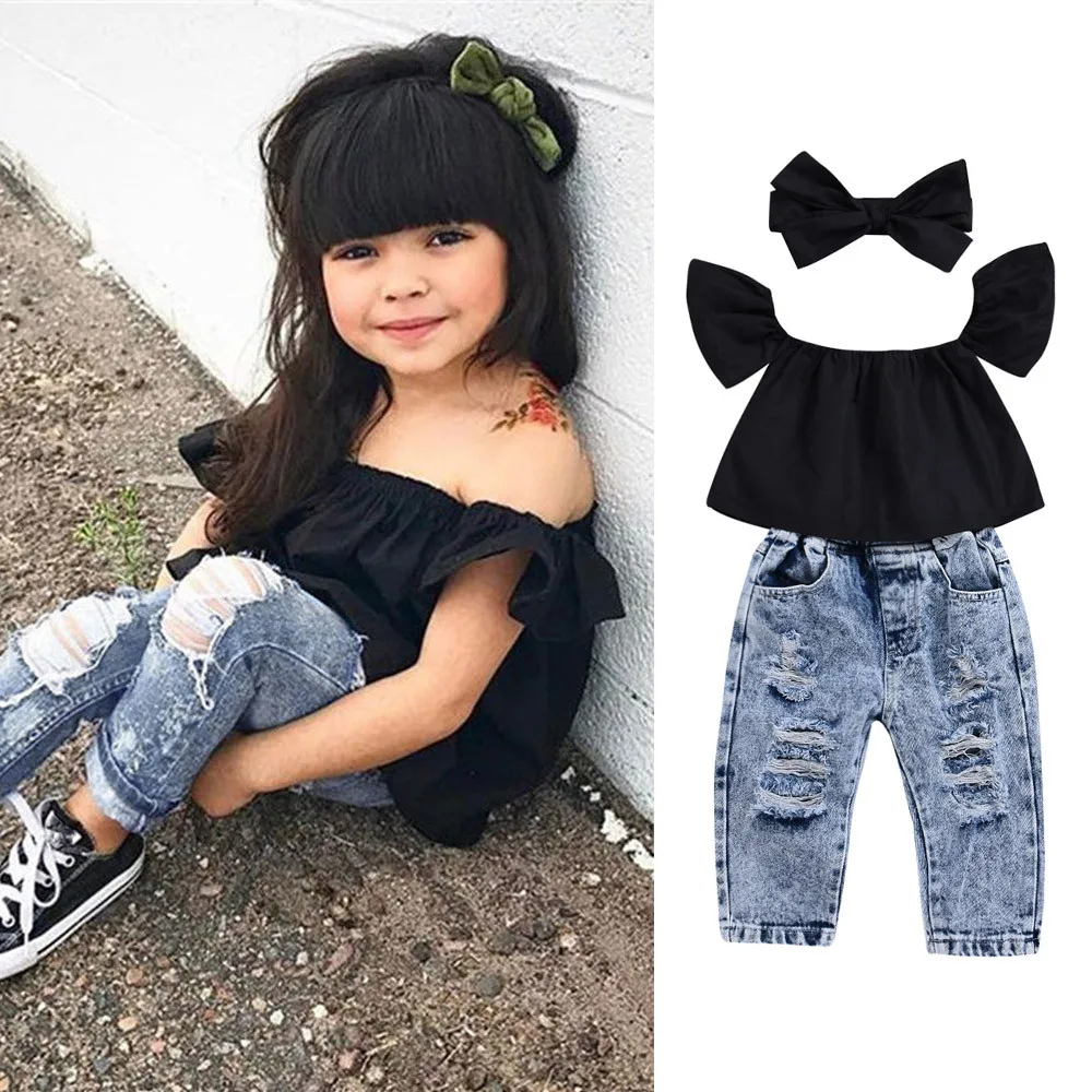 

2019 Fashion Spring Summer 3Pcs Kids Baby Girls Off shoulder Crop Tops + Denim broken hole pants Jean + Headband clothing set