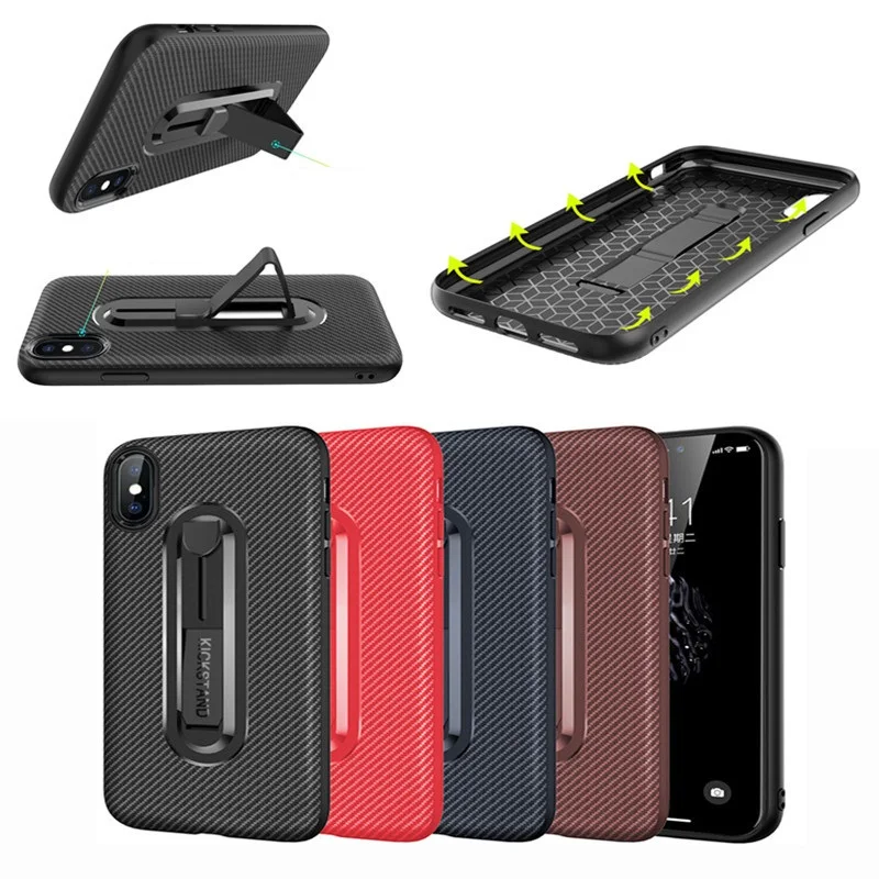For iPhone X Case 8 7 Plus 6 6s Stand With Invisible Bracket Soft TPU Cover for XS MAX XR Half Wrapped Carbon Fiber |