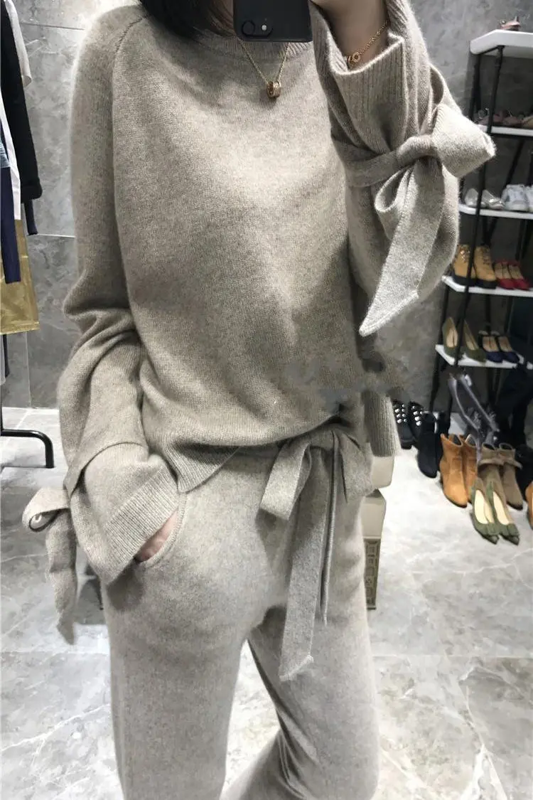 

2019 Bow O-neck Full Women's Fine Cashmere Set Round Leader Tie Knitwear And Wide Leg Pants Two-piece Loose Lazy Thick Warm