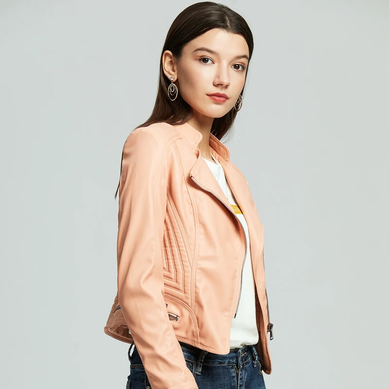 NXH leather jacket women plus size biker jacket pink Turn-down Collar pu faux leather coat autumn fashion outwear