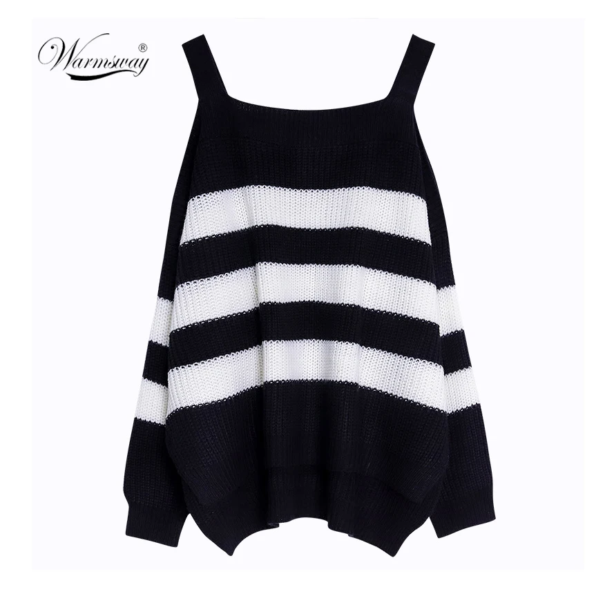 

Elegant cold shoulder striped knitted sweater women jumper Casual long sleeve sweater female Autumn winter ladies pullover C-090