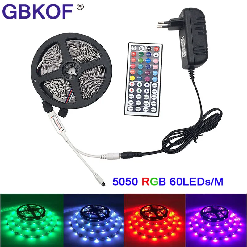 

Promotion 5m Non Waterproof 5050 RGB LED Strip lights with 44 keys IR Remote Controller DC12V LED Light Ribbon tape 60leds/M