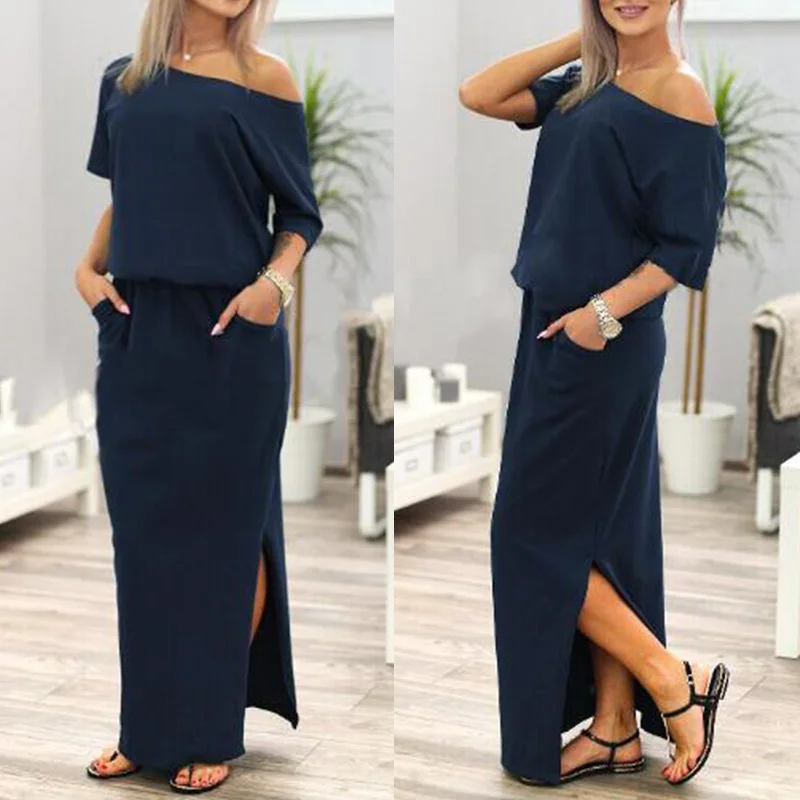 2XL женское богемное Платье макси с коротким рукавом О разрезов на шее сбоку