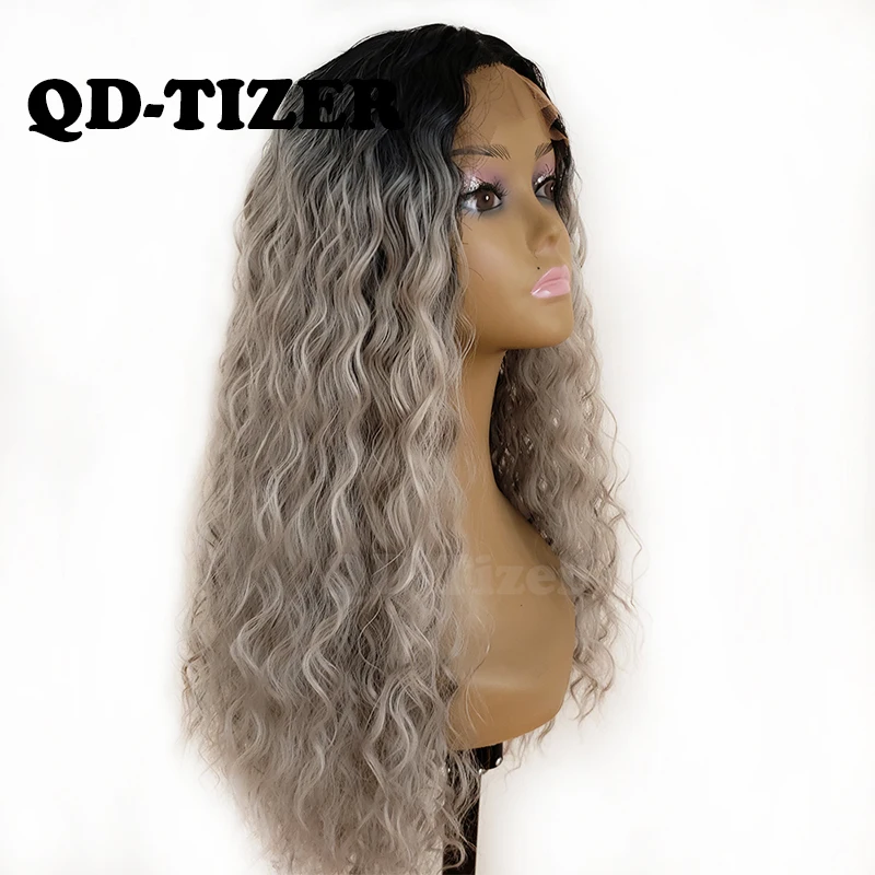 

QD-Tizer 180% Density Ombre Grey Loose Hair Synthetic Lace Wigs Long Loose Curly Synthetic Lace Front Wigs for Black Women