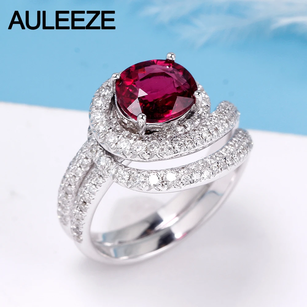 AULEEZE 1.5CT овальной огранки натуральный Rubellite красное кольцо с турмалином настоящий бриллиант 18 K белые золотые обручальные кольца для женщин ювелирные украшения