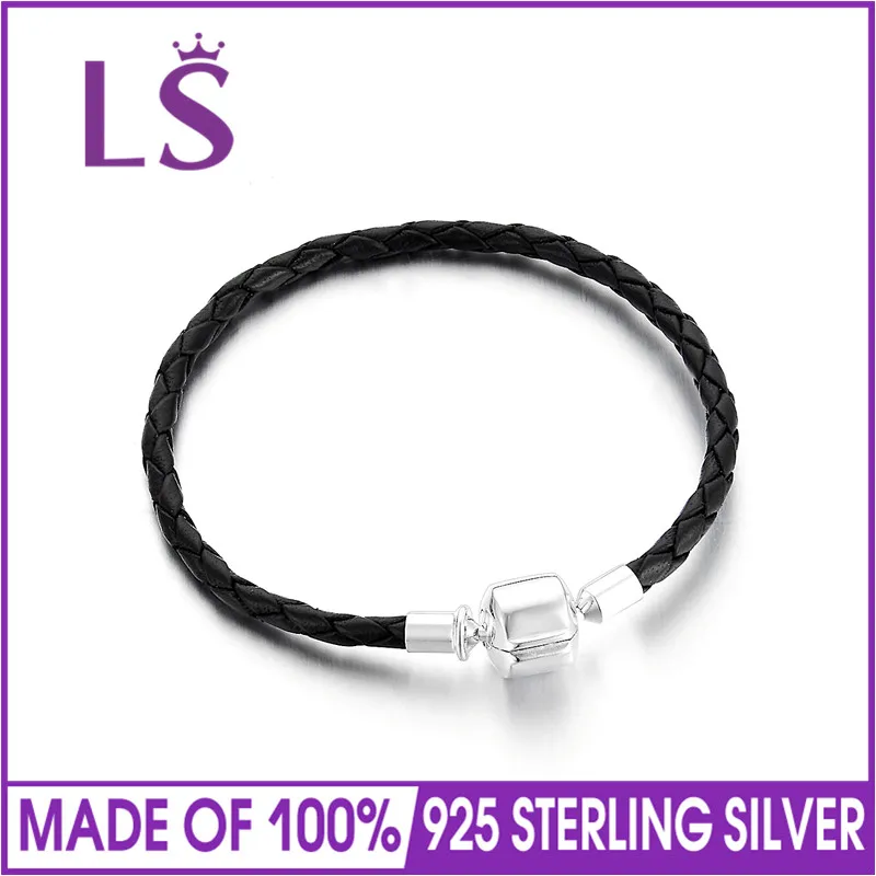 V-образной КРЕПЕЖНОЙ ПЛАСТИНОЙ LS натуральная 925 пробы Серебряный Шарм черный кожаный браслет для Для женщин штампованные S925 Браслеты браслеты серебро 925 ювелирные изделия