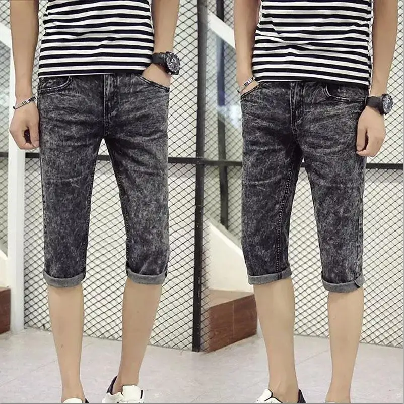 

Top quality 2020 Fashion Casual Denim Snow Grey ripped hole Calf length pants teenagers cowboy Slim Capri jeans masculina