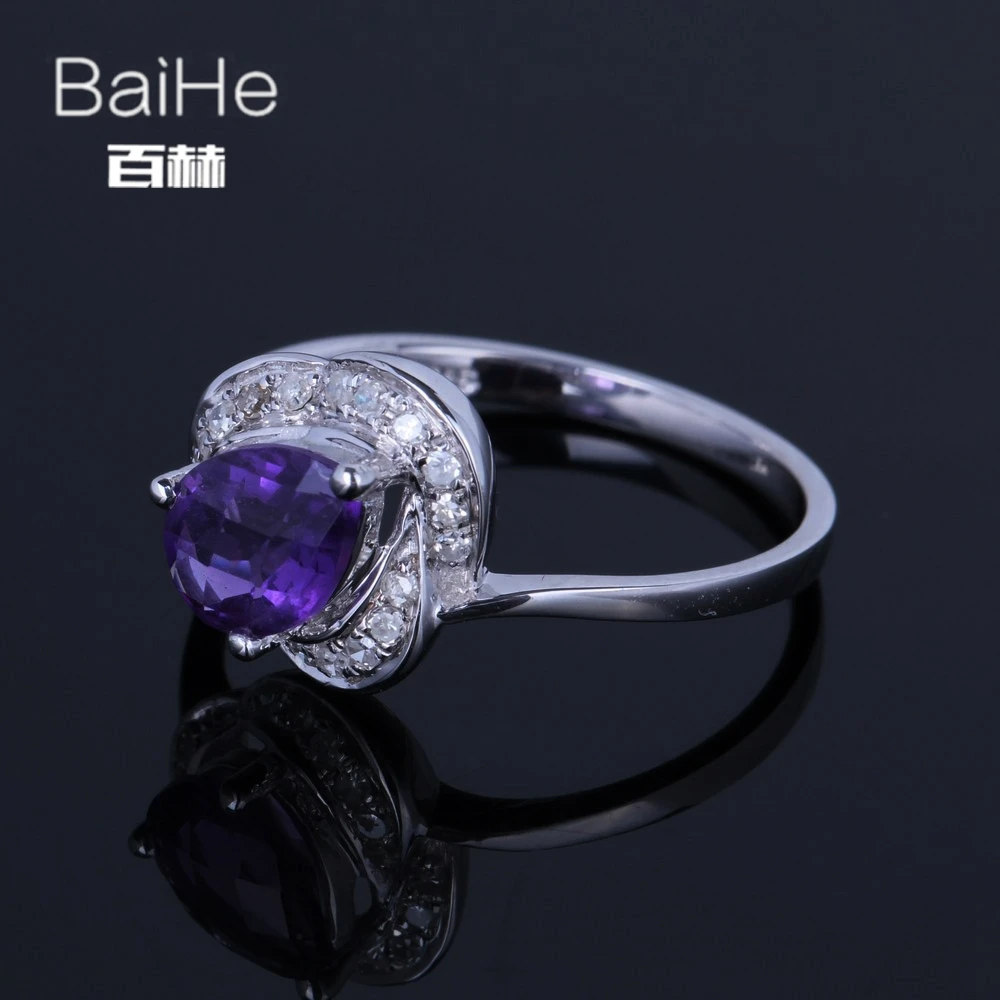 Baihe SOLID 14 К из белого золота(au585) 1ct Сертифицированный груша безупречной подлинной Природный аметист Свадебные Для женщин Мода Ювелирные украшения кольцо