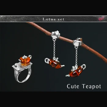 

Lotus Fun Real 925 Sterling Silver Natural Amber Original Handmade Fine Jewelry Cute Teapot Jewelry Set with Ring Dangle Earring