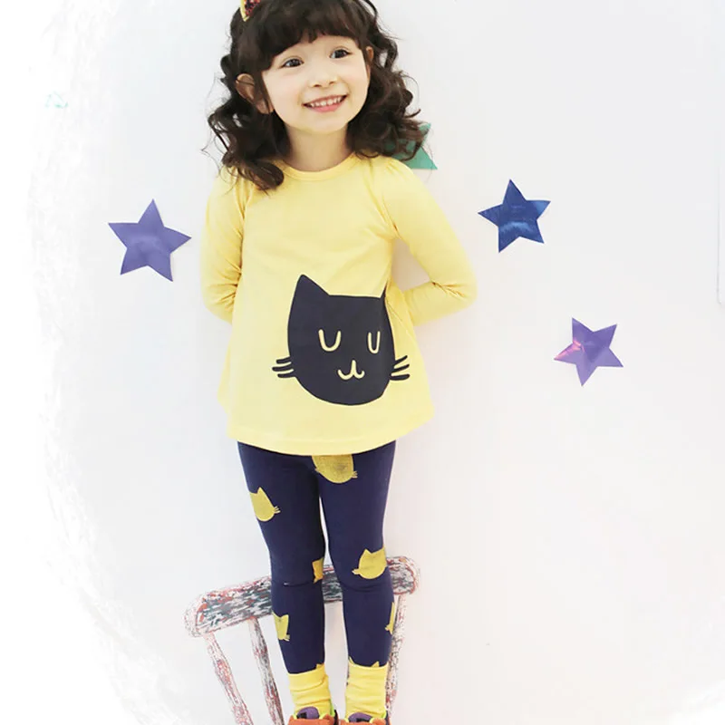 New spring and autumn cotton baby girl cute cat clothing long sleeve t shirts pants infant