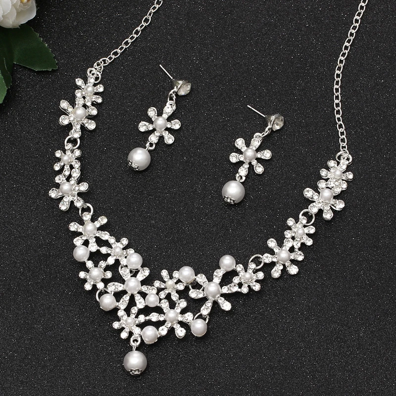 

Simulated Pearl Jewelry Sets Choker Necklace & Pendant Bijoux Gold Color Full Crystal Stud Earrings Wedding Bridal Decoration