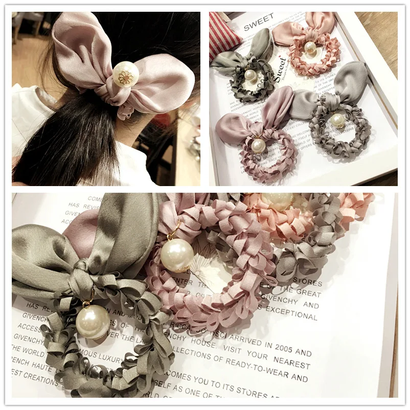 

Korea Flower Crystal Hair Accessories Rabbit Hair Bows Elastic Hair Bands Rubber Band Hair Ring Headbands For Women