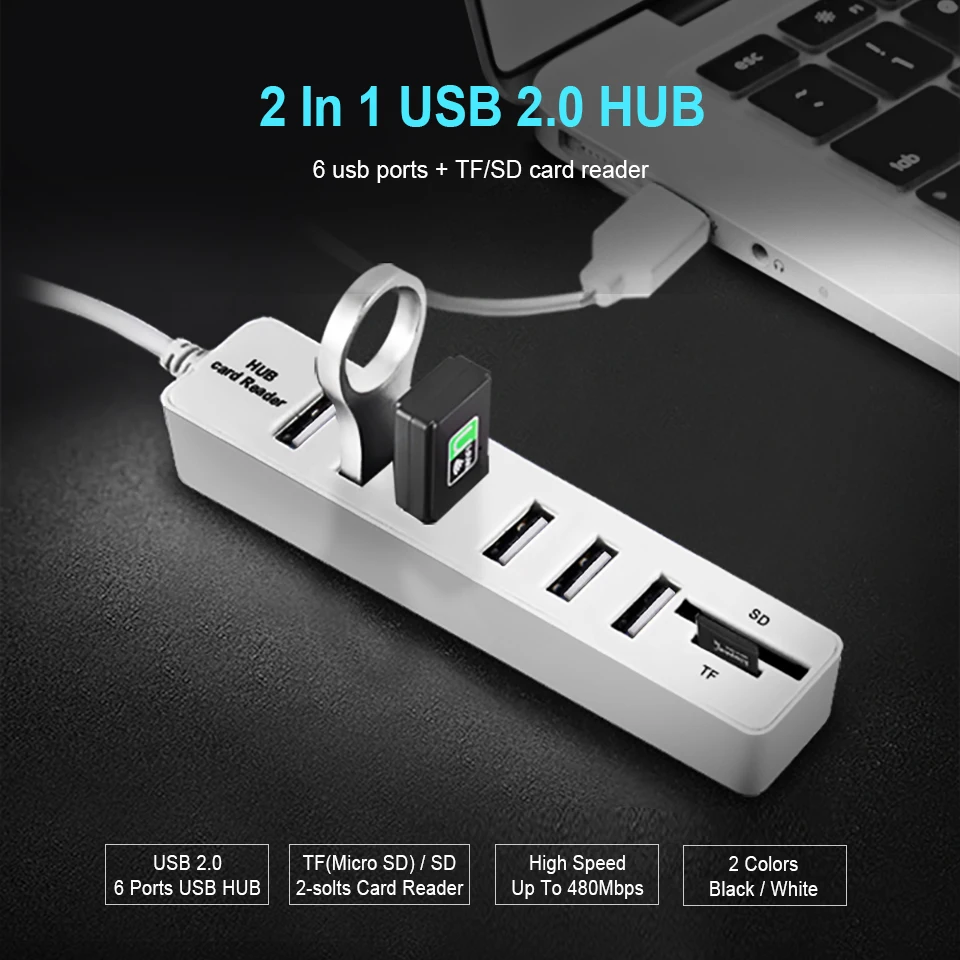 

2 in 1 USB Hub 2.0 Multi Transmission 6 Port HUB Splitter For TF SD Card High Speed Up to 480Mbps Reader For PC Computer USB Hub
