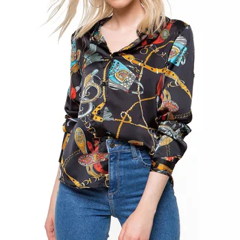 

Tops Womens Fashion Shirts Black White Chain Print Tunic t shirt Women's 2019 New Office Lady Female Long Sleeve Tops Blusas