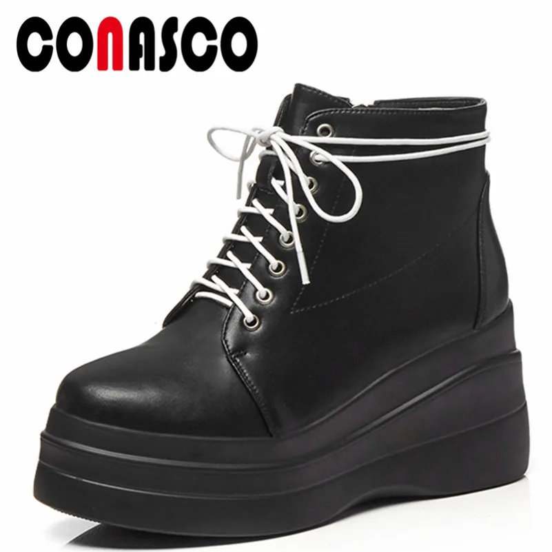 

CONASCO Fashion Women Ankle Boots Autumn Winter Warm High Heels Shoes Woman Round Toe Cross-tied Cow Suede Quality Martin Boots