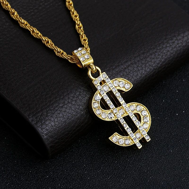 

2017 Limited Promotion Crystal Round Kolye Chrysocolla Collares Color Hip Hop Bling Dollar Sign Chain With Pendant Necklace