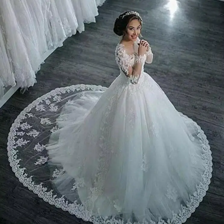 Vestidos De Noiva Новое Элегантное свадебное платье трапециевидной формы с длинными рукавами Прозрачная ткань с аппликацией и стразами кружевное свадебное платье принцессы большого размера