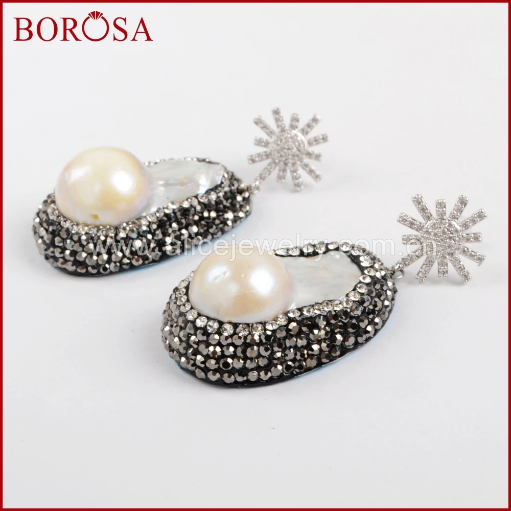 BOROSA ручной природных Серьги с жемчугом CZ микро проложить и Кристалл Rhinestone Freeform