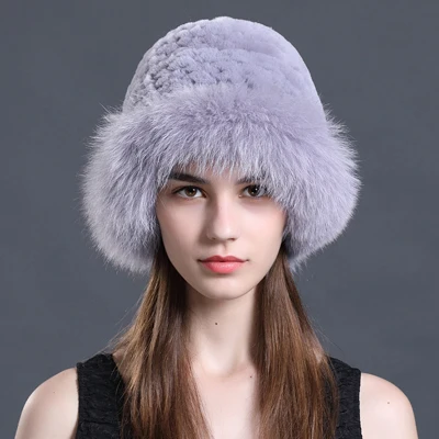 Для женщин зимняя шапка из натурального меха кролика рекса шапочки Hat Повседневное шапки Новая Россия моды ведро шляпа женский натурального меха шапки - Цвет: Gray Purple