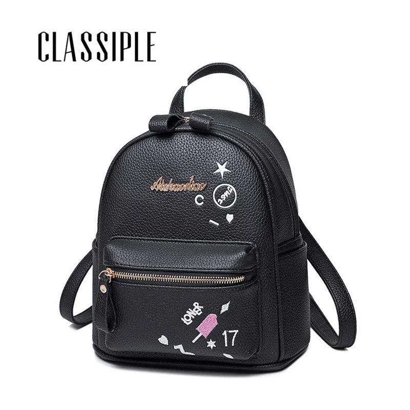 

Small Casual Backpack Lady Leather Embroidery Backpacks Students Trend Backpack Schoolbag For Girls High Capacity Back Bag Black