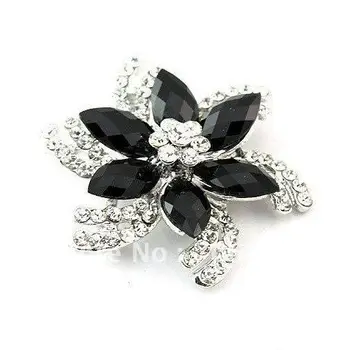 

Silver Plated Clear Rhinestone and Black Stone Flower Corsage Brooch
