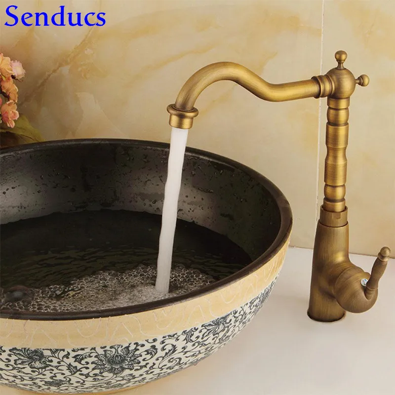 

Senducs Luxury Antique Kitchen Sink Faucet Deck Mounted Antique Bathroom Basin Faucet Quality Brass Bronze Kitchen Mixer Tap
