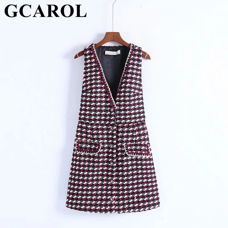 

GCAROL Fall Winter Deep V Neck Colorful Twist Strap Dress Vintage Sheath Above Kneel Length Sleeveless Button Plaid Dress