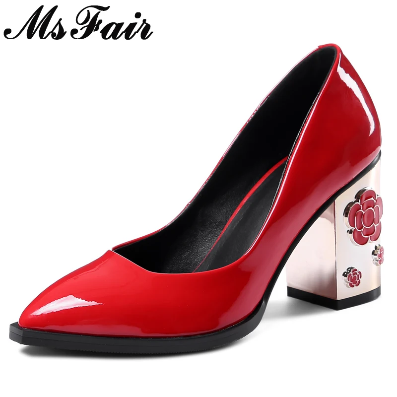 

MsFair Pointed Toe Square heel Women Pumps Fashion High Heels Single Shoes 2018 Spring Shallow Appliques Flower Women's Pumps