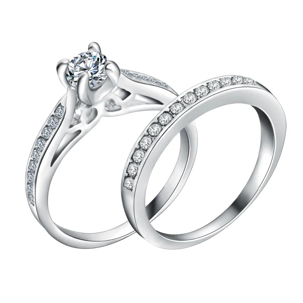 

Silver Plated Wedding Ring Shellhard Lovers Crystal Couple Rings Set For Men Women Jewelry Engagement Wedding Rings 2Pcs
