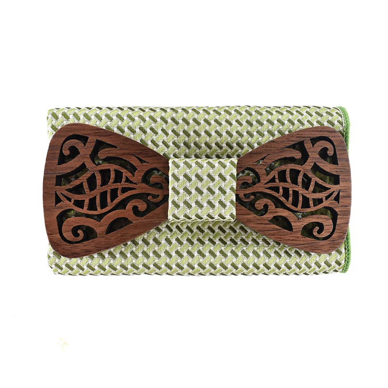  Mantieqingway Creative Wood Bow Tie Handkerchief Set for Mens Skinny Wooden Bowtie Business Polyest