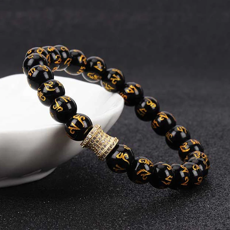 

New Fashion Charm Obsidian Six Words Beads Bracelet Micro Pave Round Beaded Buddha Prayer Strand Bracelets Men Women Bangle Gift
