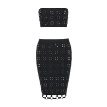Top Quality Black 2 Pieces Set Manual Bead Knee Length Bandage Dress Strapless Cocktail Party Dress