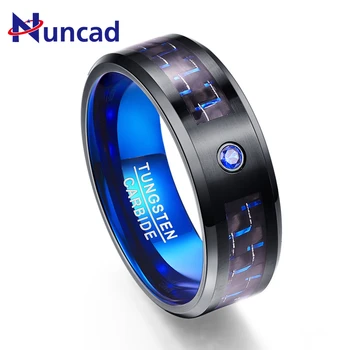 

2018 Carbon Fiber Exquisite Blue Zircon Men Rings 100% Tungsten Carbide Wedding Bands Anillos para hombres Ring