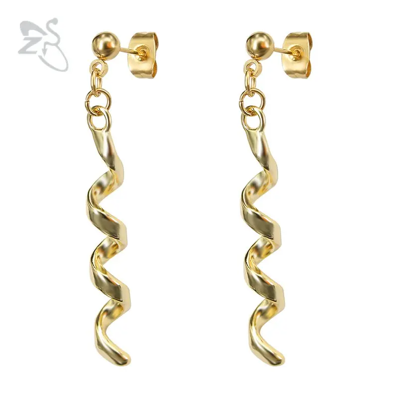 

ZS Stainless Steel Earrings for Women Gold Color Hanging Earrings Spiral Drop Earrings Dangle Brincos Long pendientes dorados