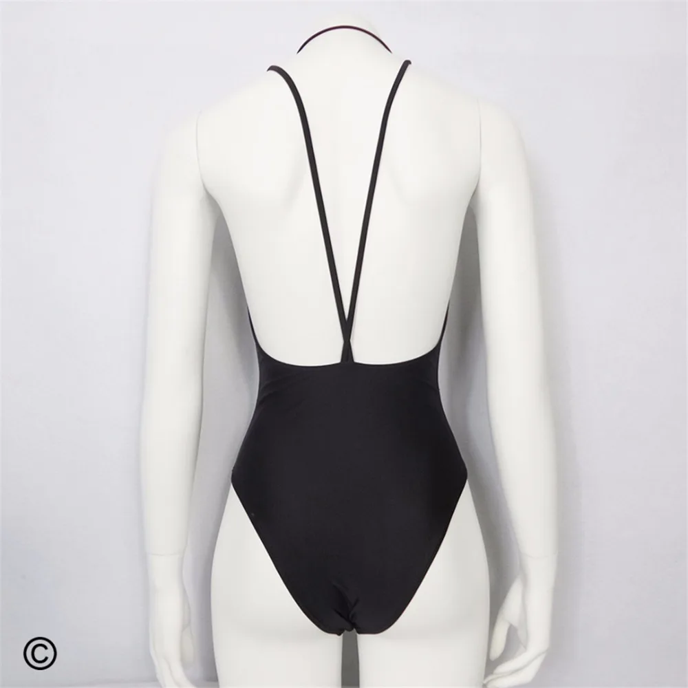 Черный сексуальный Монокини с глубоким v-образным вырезом на спине и открытой спиной, Цельный купальник, женская одежда для плавания, женский купальный костюм V224