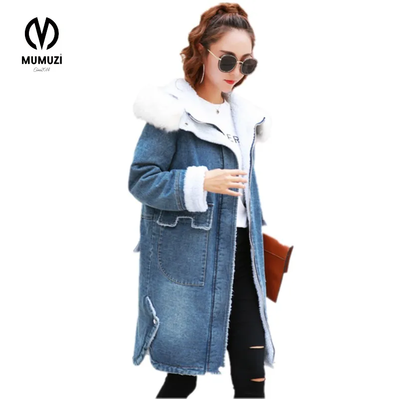 New HIGH QUALITY Fashion Denim Hooded Fur Collar font b Jacket b font Cashmere Thick Pockets