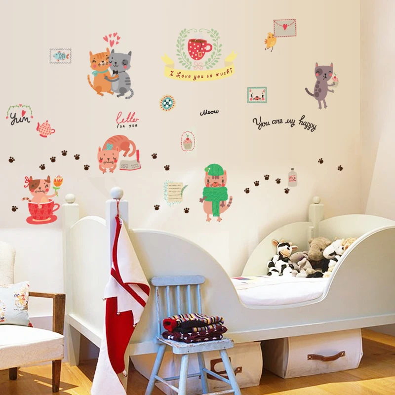 145*48cm Cartoon Cats Kitchen Wall Stickers Lovely Animals Home Decor for Kids Room Art Decorative Vinyls for Walls Waterproof
