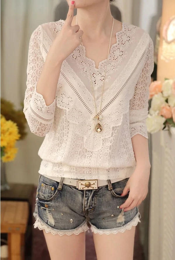 MSSNNG 2018 hot sale new arrival Spring and autumn Korean fashion women blouse V neck long sleeve slim lace female shirt  (16)