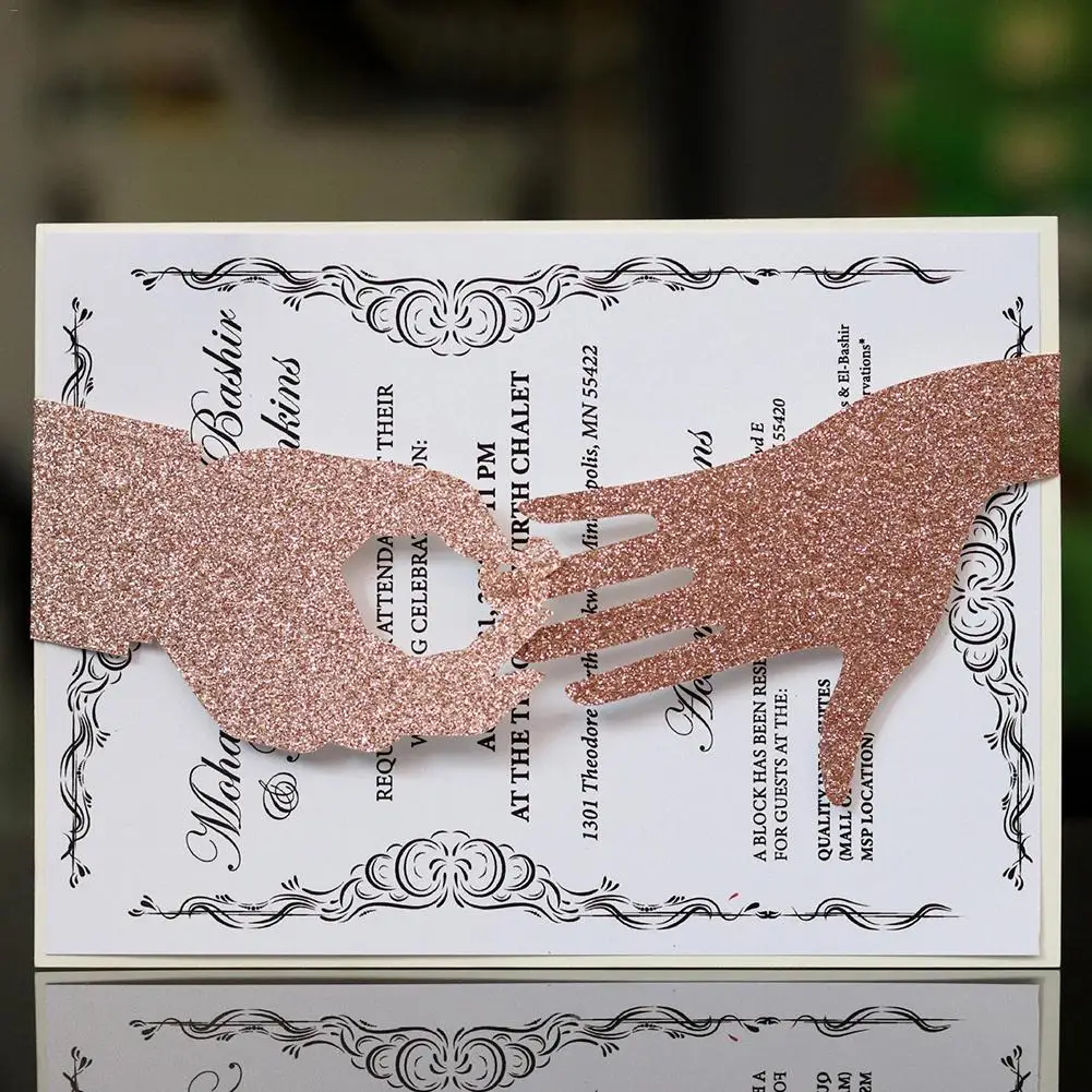 10pcs Wedding Invitations Wholesale Glitter Hand In Hand Design Laser Cut Cards Custom Lace Invite  - 33034983716