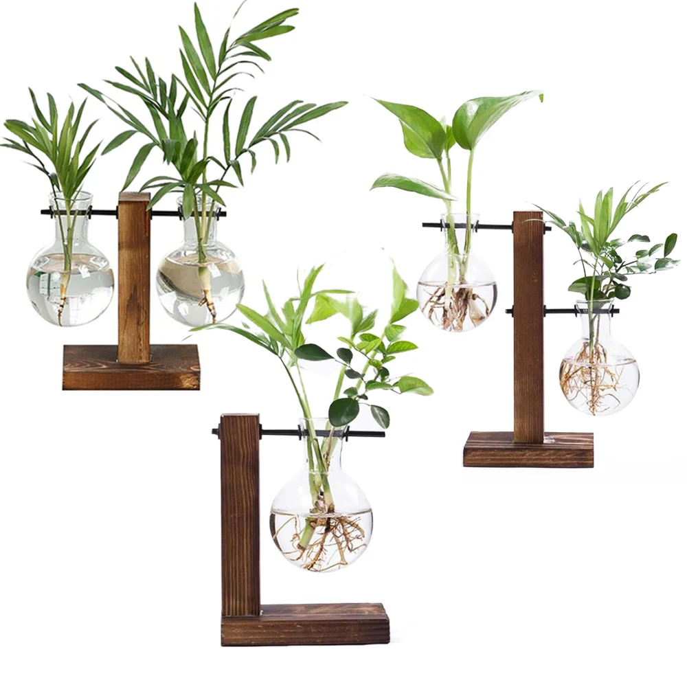 

Wooden Glass Hydroponic Vase Beautiful Office Outdoor Balcony Micro Hydroponics Bracket Sturdy Desktop Decoration Fashion
