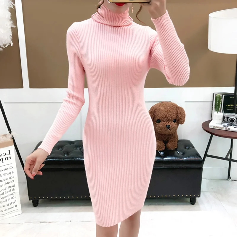 Облегающее трикотажное платье-свитер в рубчик на осень и зиму, эластичное платье с люрексом, женские сексуальные платья для вечеринок, Клубное платье - Цвет: Pink Lurex